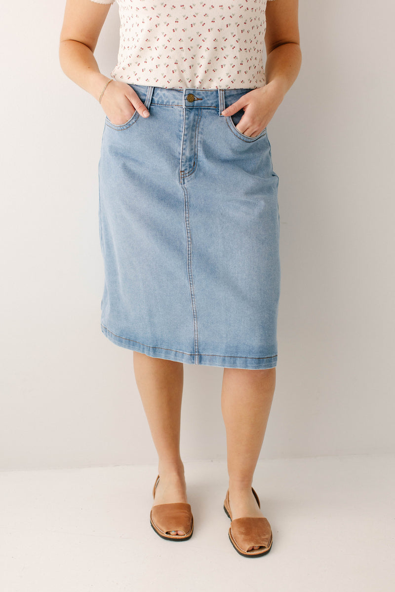 Renee' A-Line Stretch Denim Knee Length Skirt – The Main Street