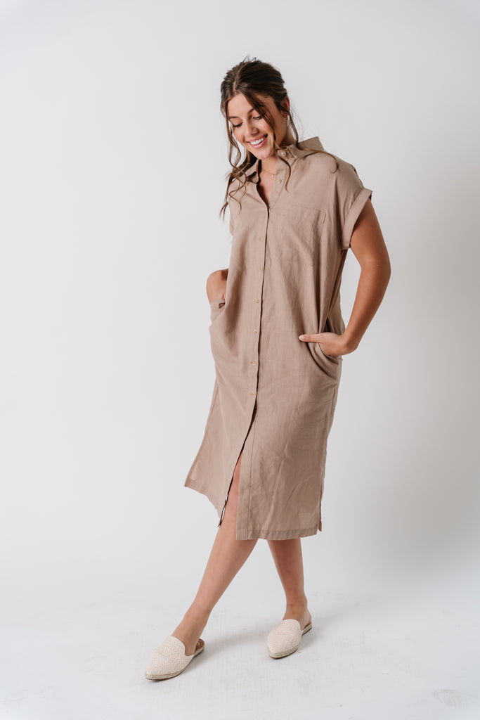 'Erica' Button Up Linen Blend Midi Dress in Blush Beige