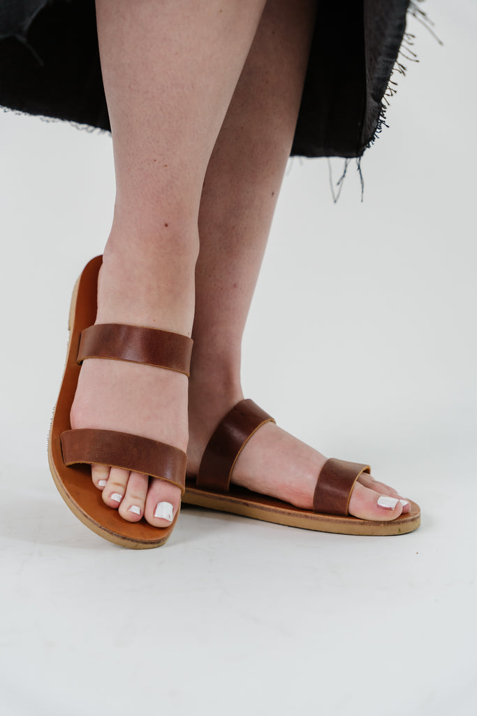 'Macedonia' Double Strap Leather Sandals in Brown
