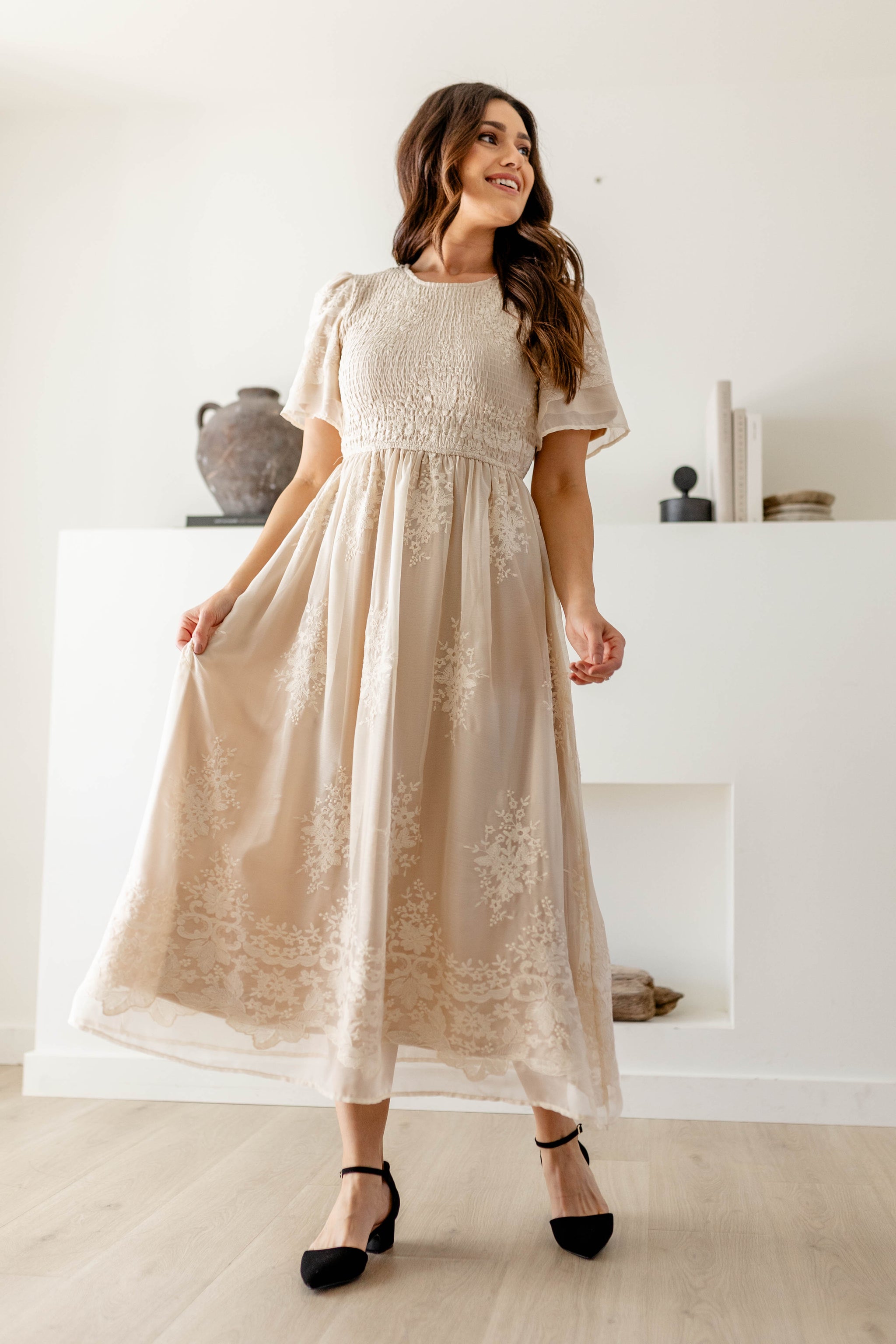 Aster' Smocked Bodice Embroidered Floral Midi Dress in Champagne