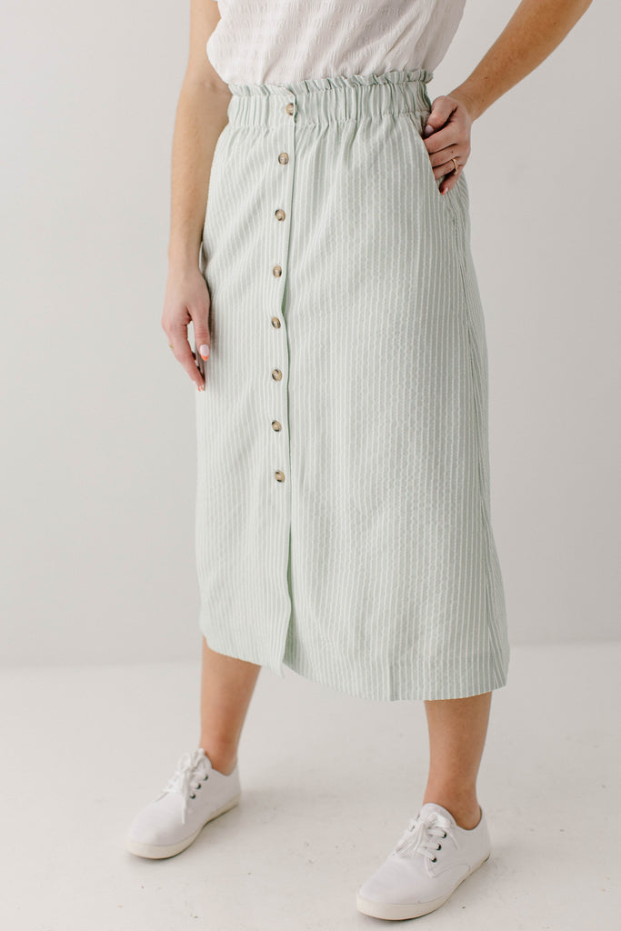 'Marina' Button Front Striped Skirt in Light Mint FINAL SALE