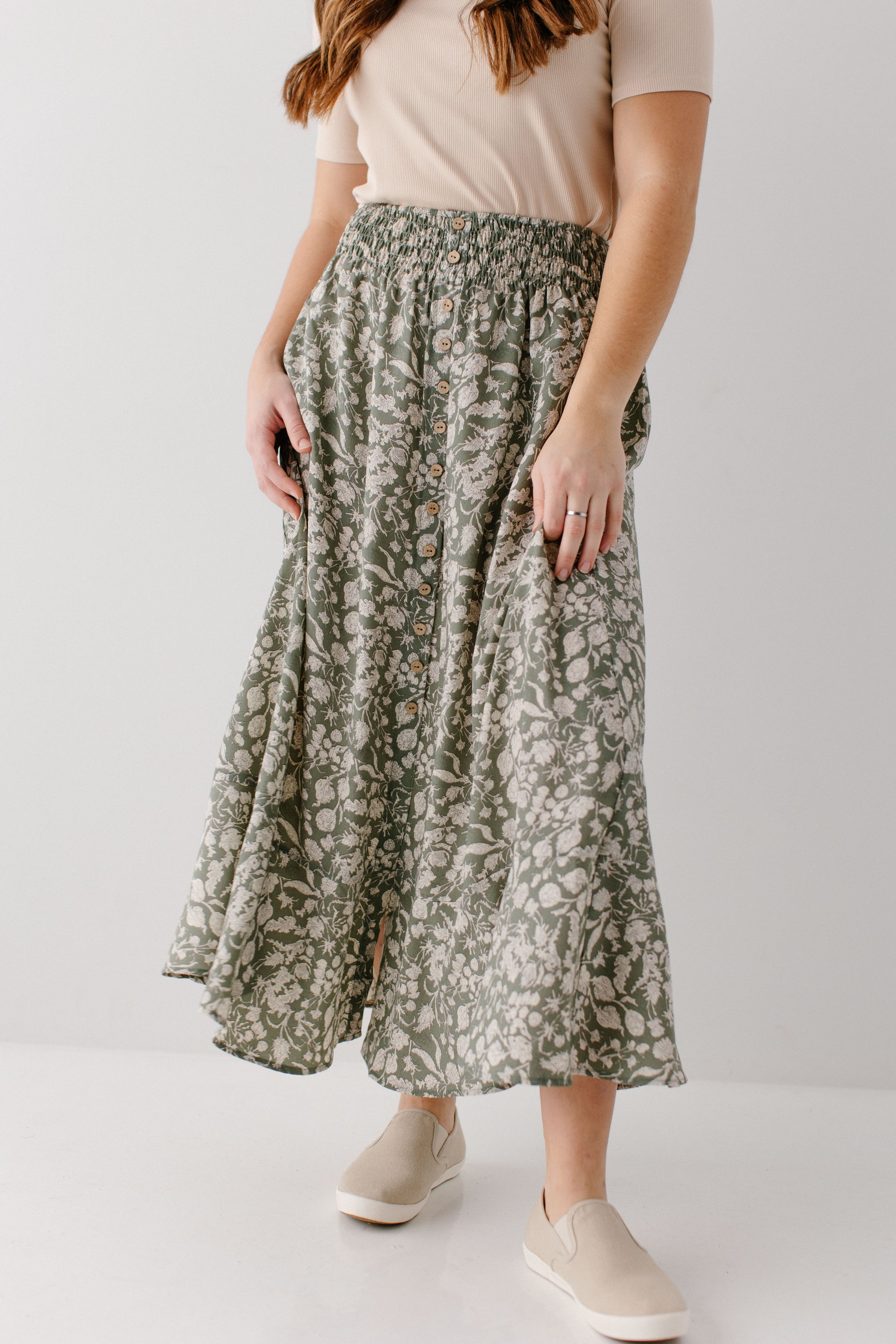 Shauna' Smocked Waist Floral Maxi Skirt in Soft Green – The