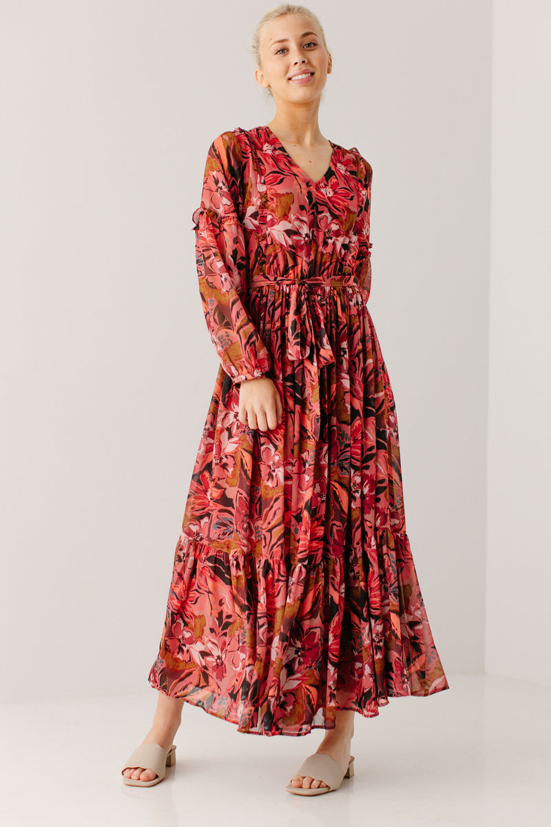 'Priya' Large Multi Floral Chiffon Maxi Dress in Deep Rose FINAL SALE ...