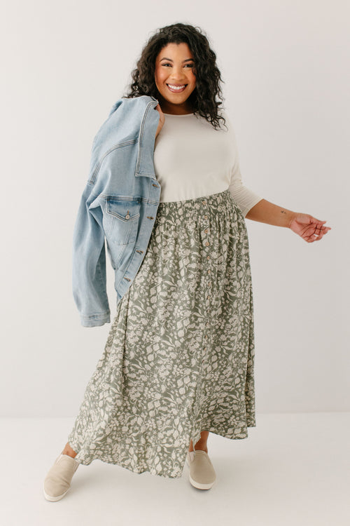 'Shauna' Smocked Waist Floral Maxi Skirt in Soft Green FINAL SALE