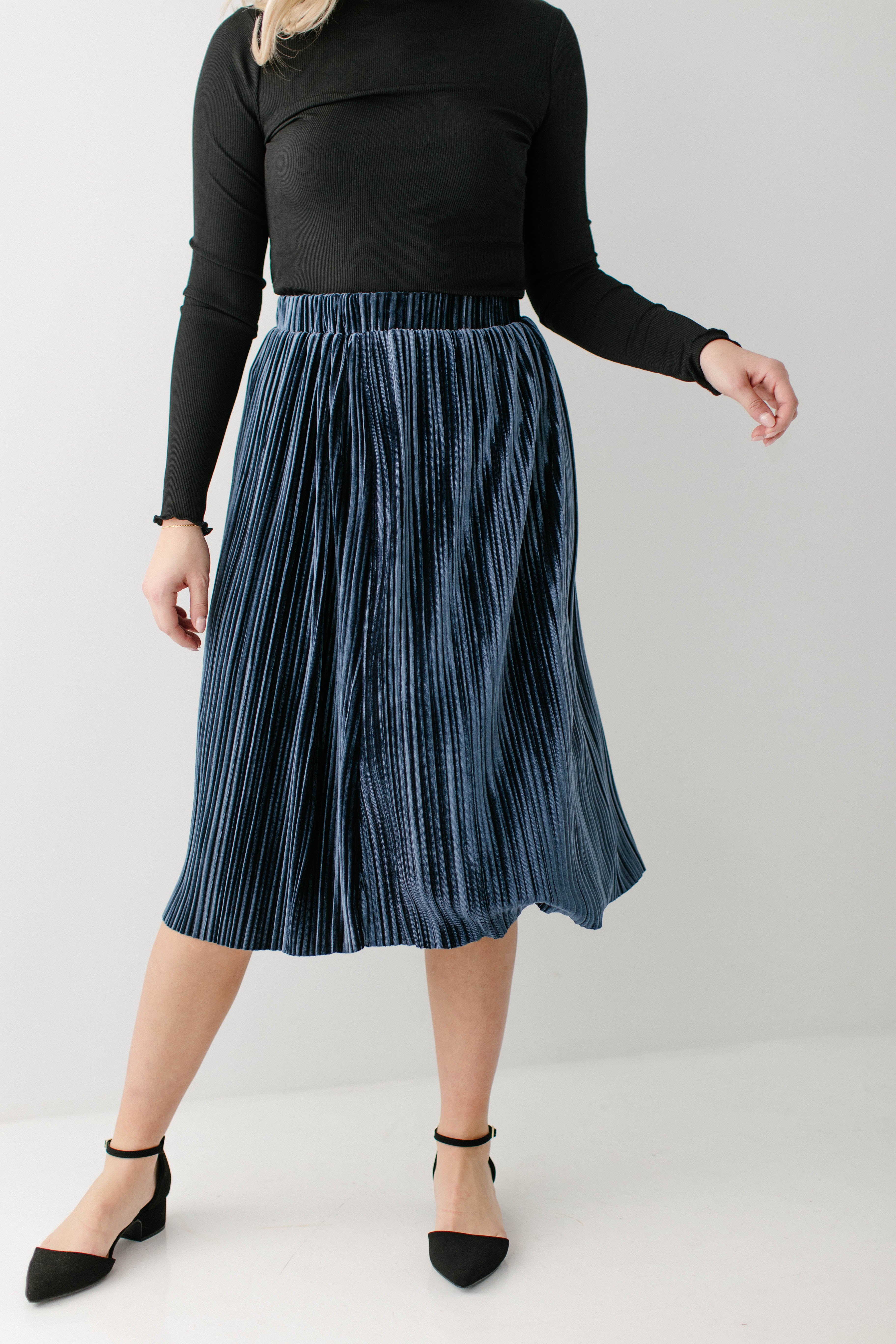 Navy pleated clearance velvet skirt