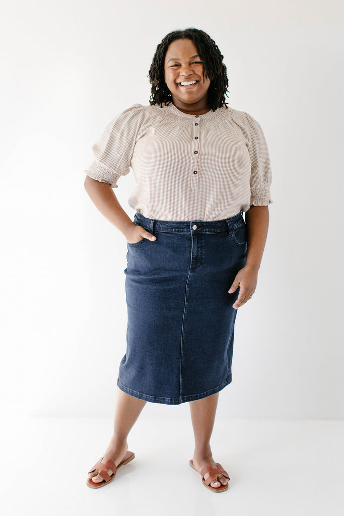 'Krista' Knee Length Denim Pencil Skirt in Dark Wash – The Main Street ...