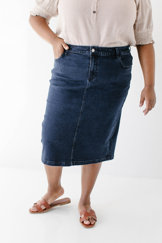 'Krista' Knee Length Denim Pencil Skirt in Dark Wash – The Main Street ...