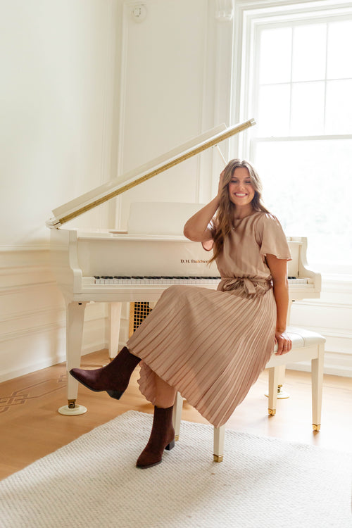 'Katiya' Satin Tie Waist Pleated Midi Dress