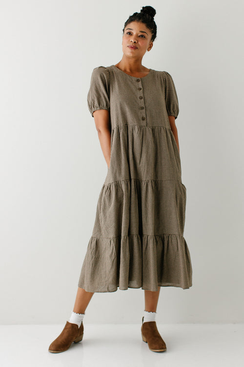 'Prudence' Button Up Tiered Gingham Midi Dress