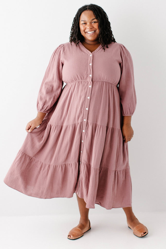 Louisa Cotton Gauze Tiered Midi Dress Dusty Mauve / 2X