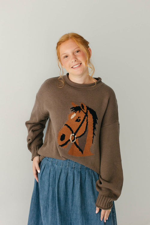 Horse Motif Cotton Blend Sweater