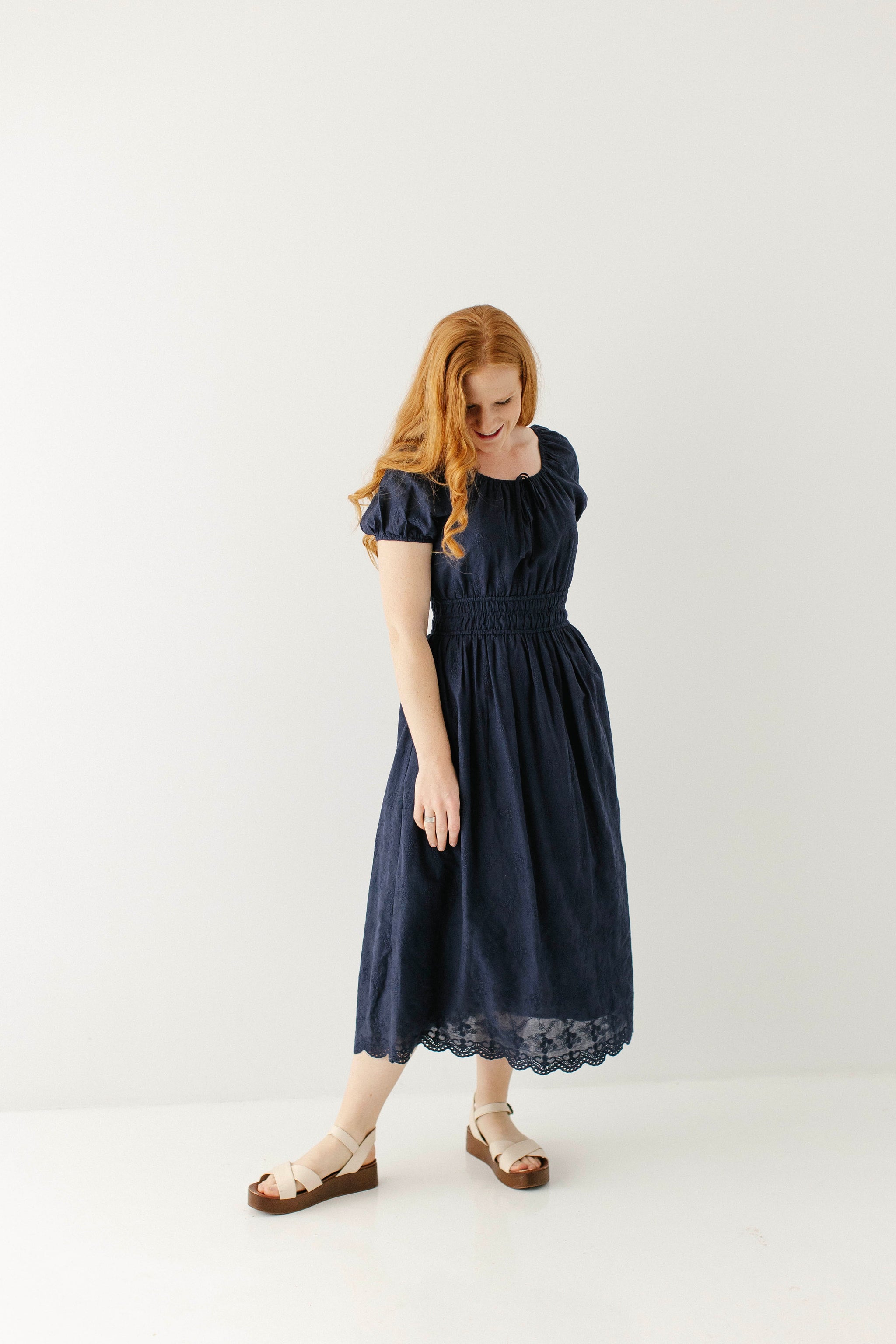 Amalfi Embroidered Eyelet Peasant Midi Dress Navy / XL