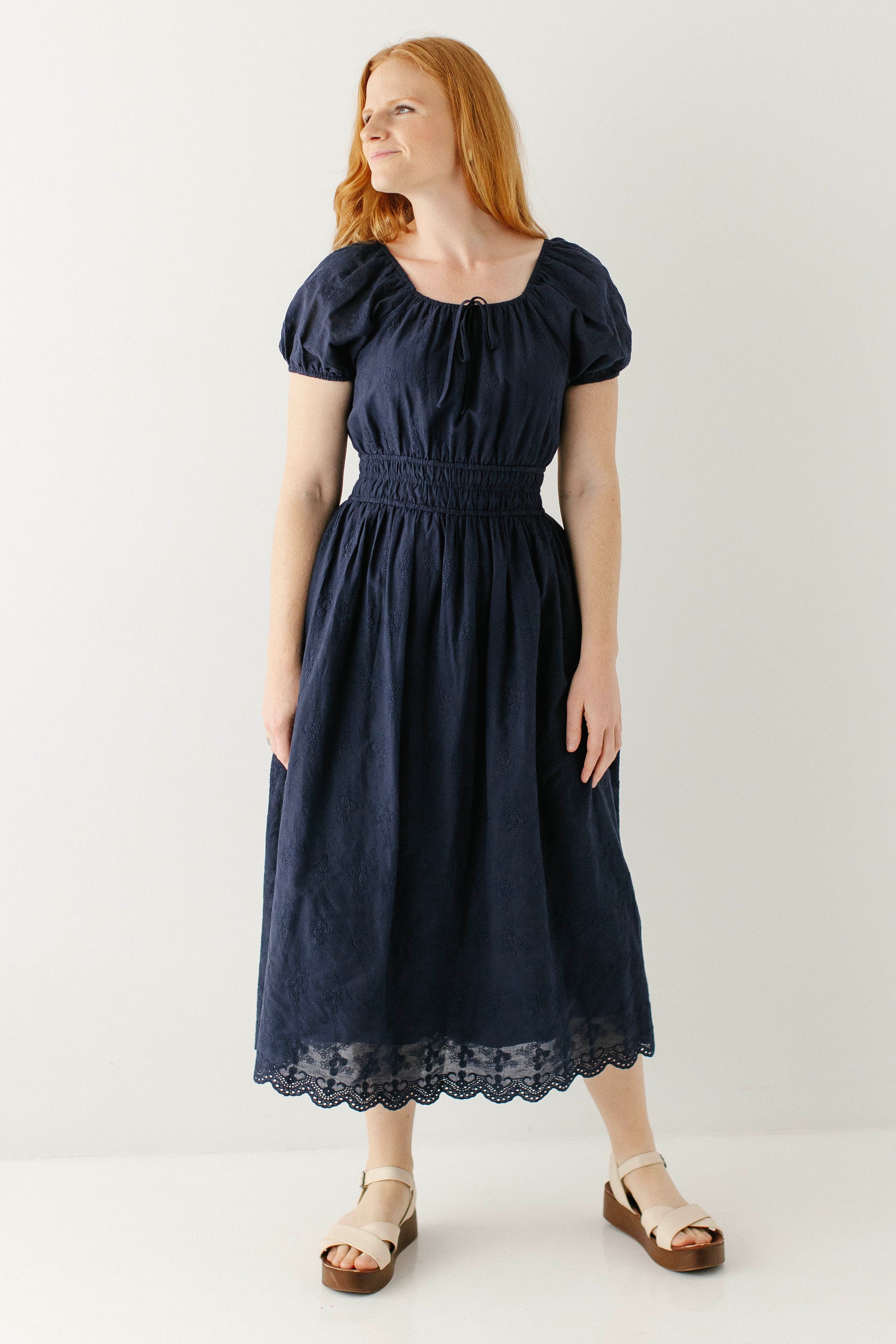 Amalfi Embroidered Eyelet Peasant Midi Dress Navy / XL
