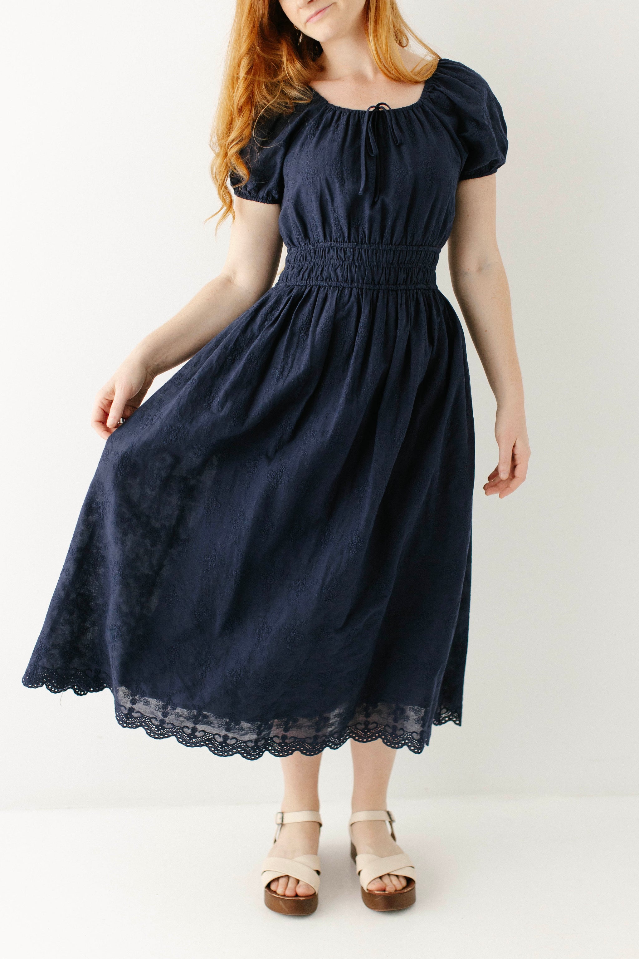 Amalfi Embroidered Eyelet Peasant Midi Dress, Navy / XL