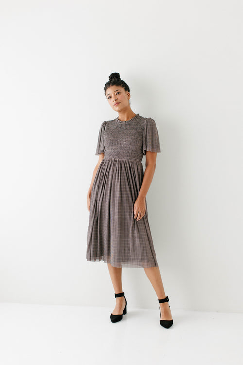 'Tryphena' Smocked Bodice Plaid Print Mesh Midi Dress