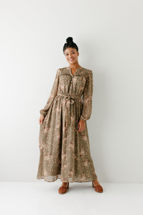 'Hadassah' Smocked Detail Floral Chiffon Maxi Dress