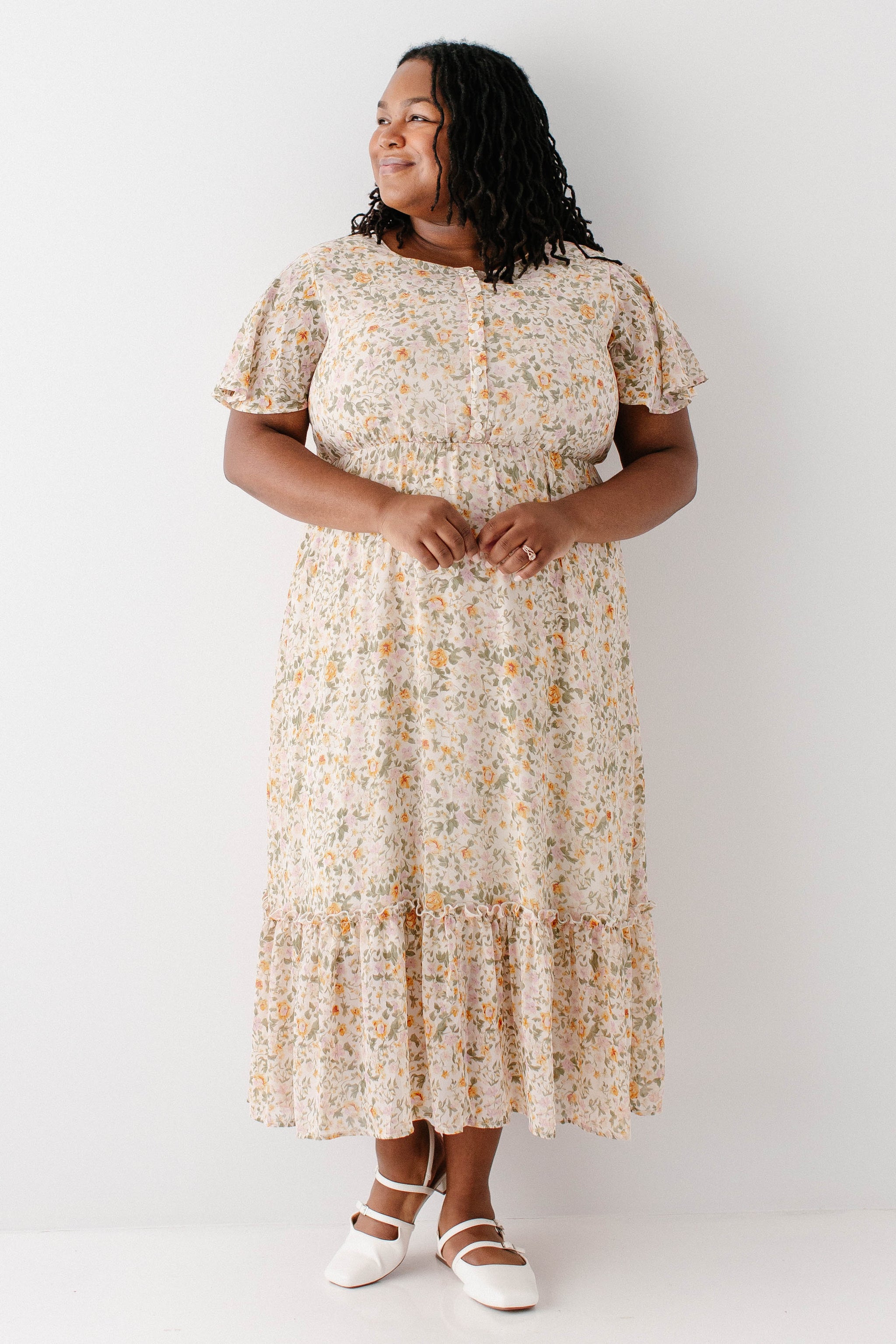 Ashley Flutter Sleeve Garden Floral Maxi Dress Ivory / 1X