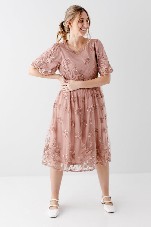 'Michaela' Embroidered Floral Mesh Dress