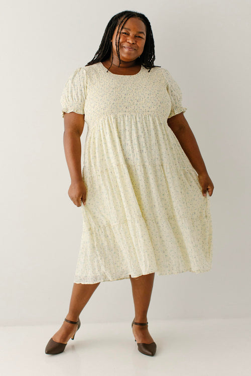 Jinger Ditsy Floral Smocked Bodice Midi Dress