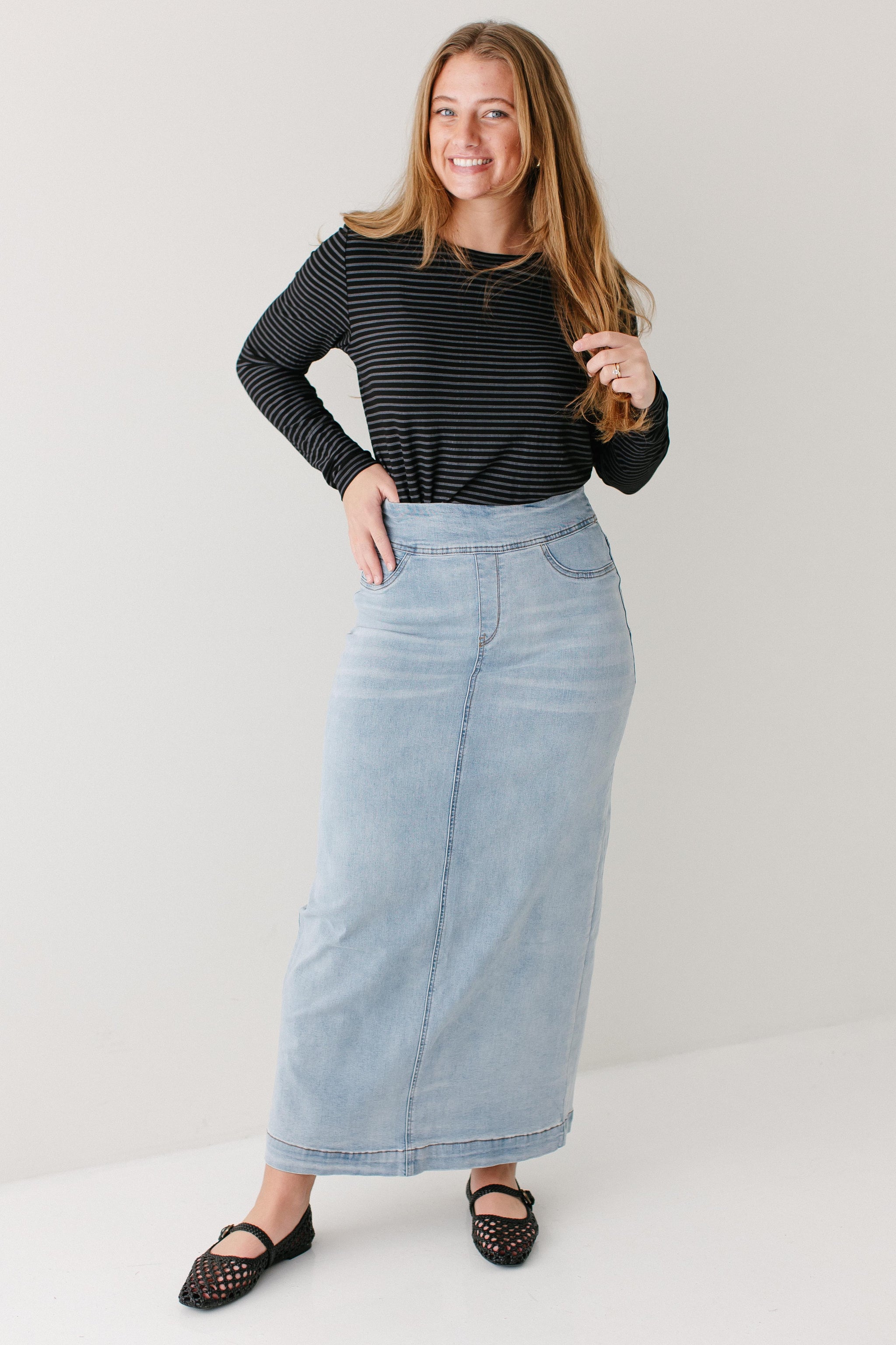 Sara Classic Long Stretch Denim Skirt FINAL SALE – The Main Street