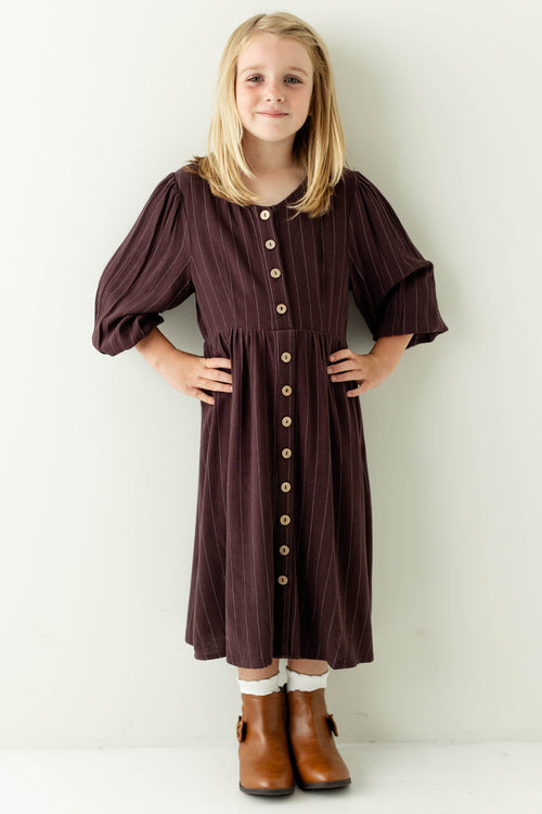 'Addy' Girl Button Down Striped Linen Blend Dress