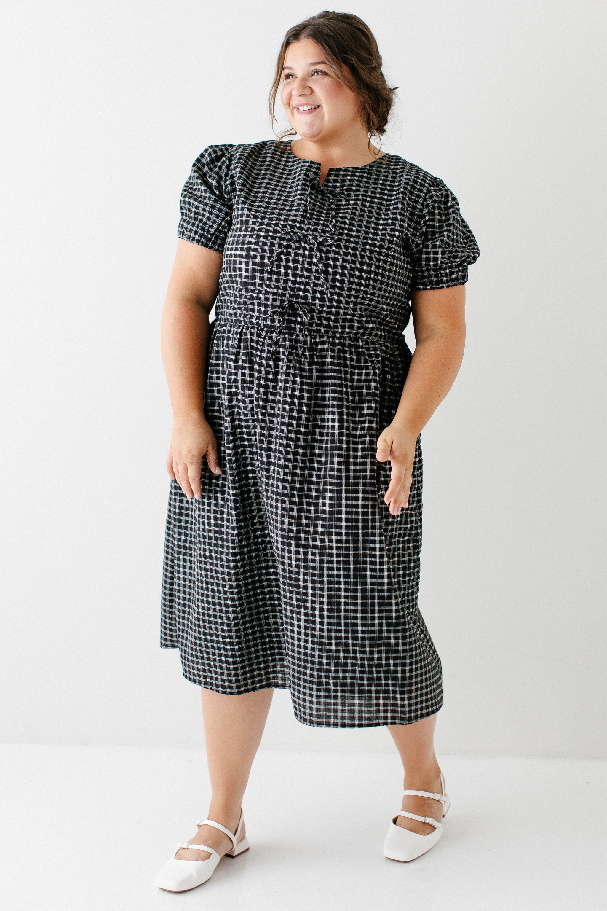 checkered dress clothing Ellie Bow Front Plaid Midi Dress FINAL SALE 2X / Black
