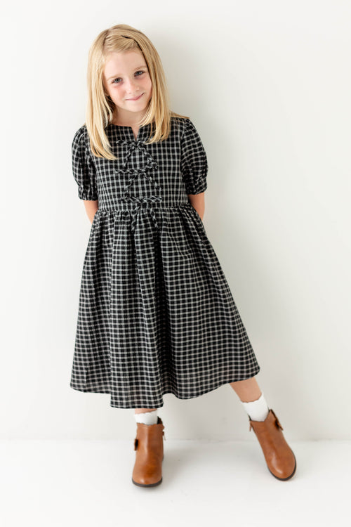 'Ellie' Girl Bow Front Plaid Midi Dress