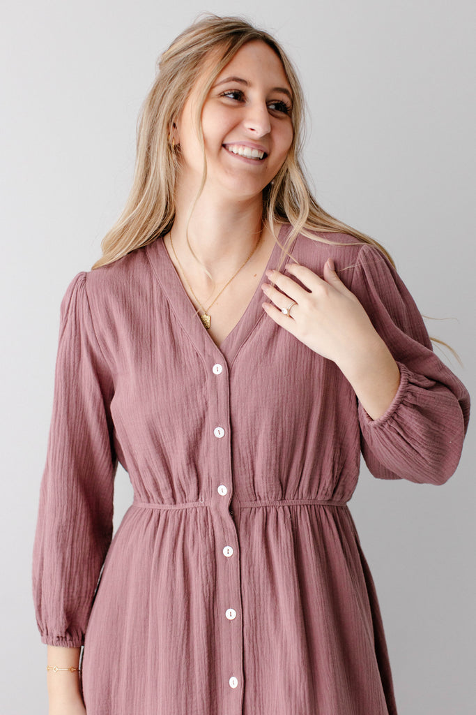 Louisa Button Down Tiered Cotton Gauze Midi Dress, Dusty Mauve / L Louisa Button Down Tiered Cotton Gauze Midi Dress, Dusty Mauve / L