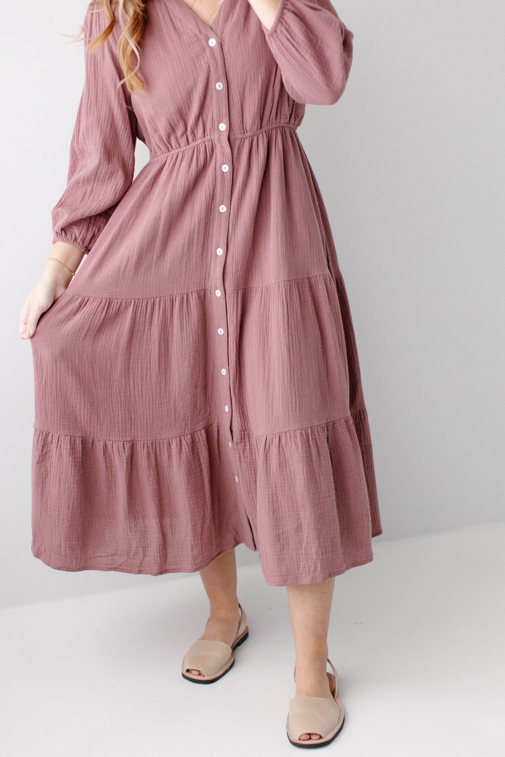 button down dress pink Louisa Button Down Tiered Cotton Gauze Midi Dress, Dusty Mauve / XS