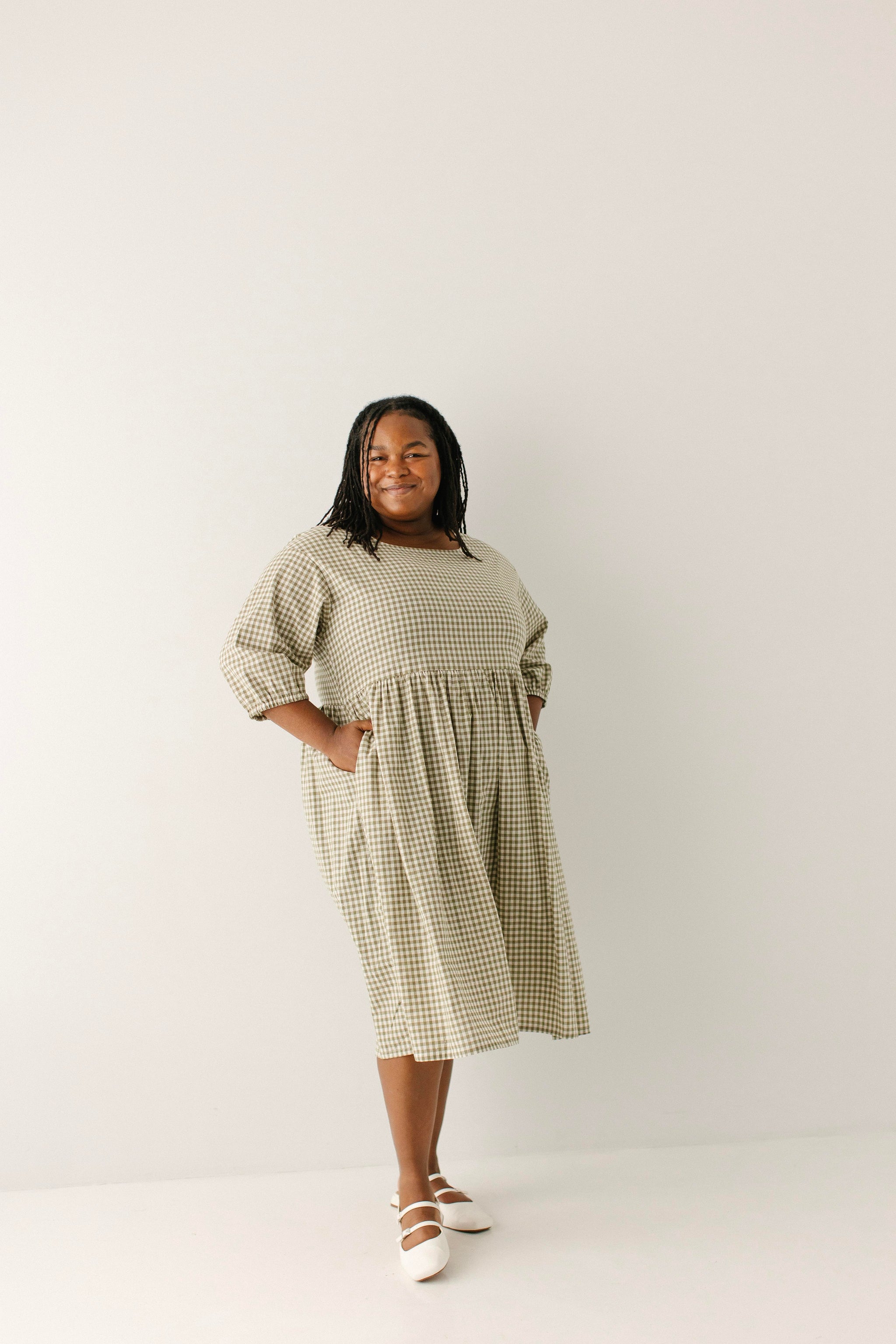 Beth Square Neck Gingham Midi Dress Olive / XL