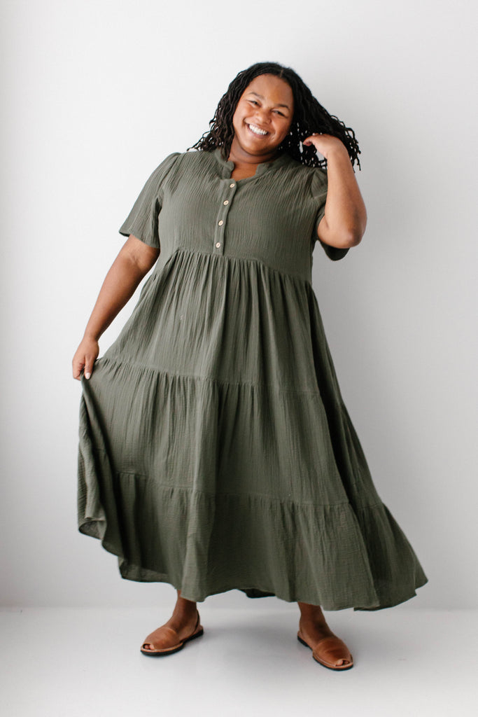 cotton gauze tiered maxi dress 100% Organic Cotton Gauze Tiered Maxi Dress in Khaki Gingham