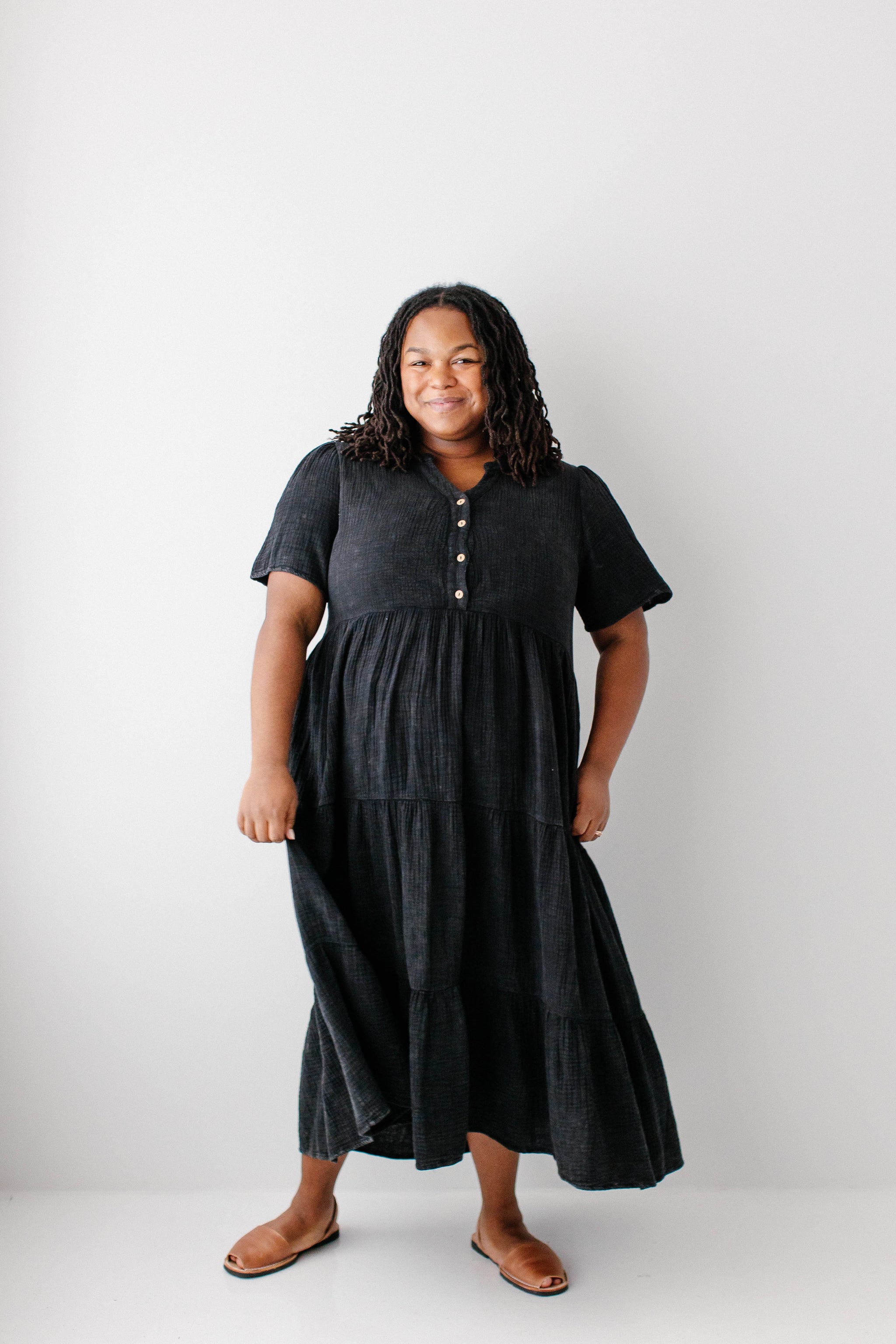 Bekah Cotton Gauze Tiered Maxi Dress Washed Black / 3X