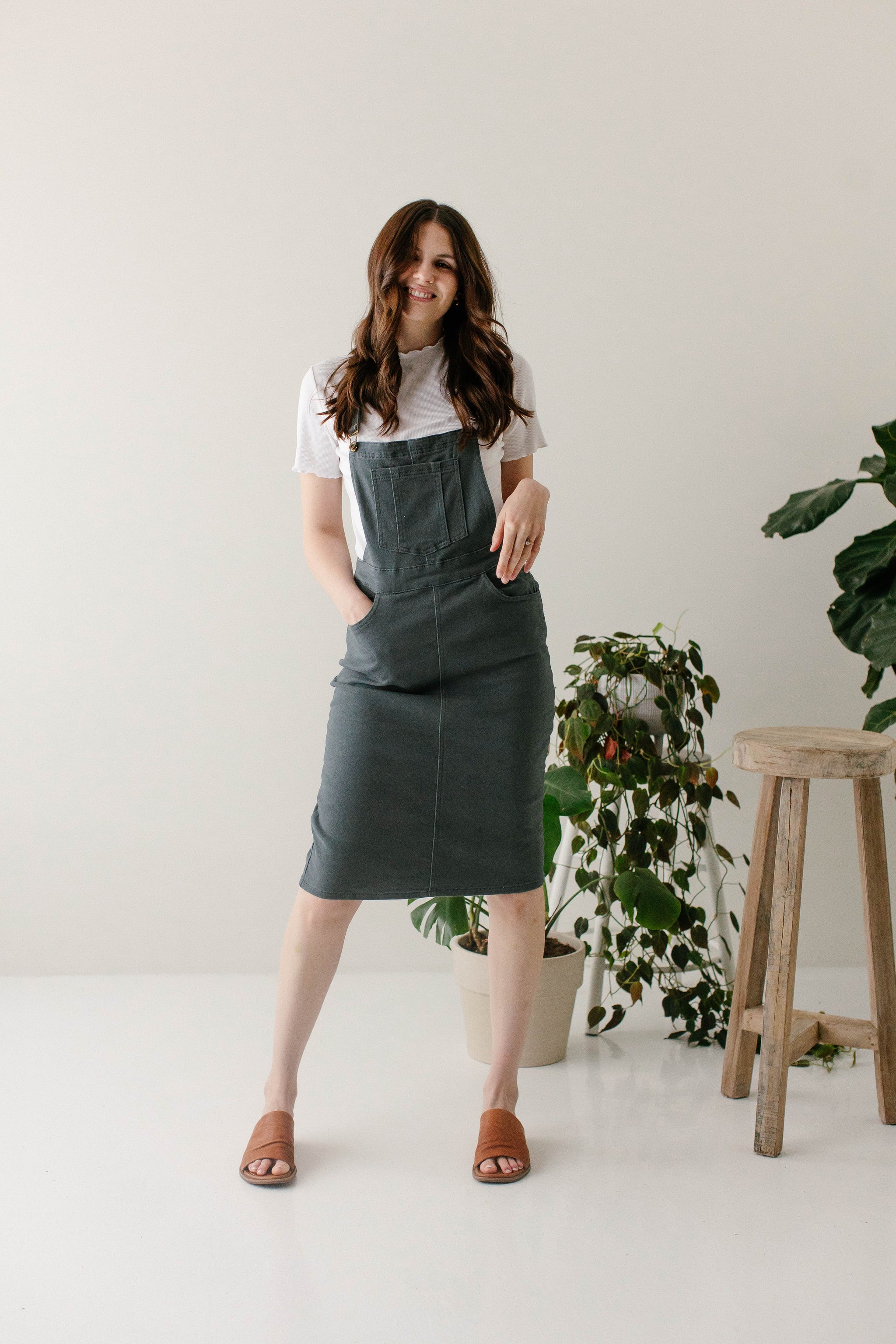 'Reagan' Stretch Denim Overall Dress Final Sale 18 / Light Khaki