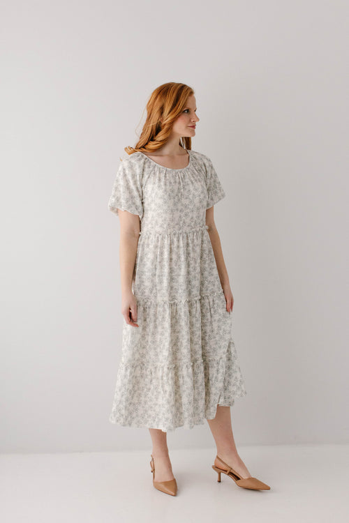 'Josephine' Sage Flower Tiered Midi Dress