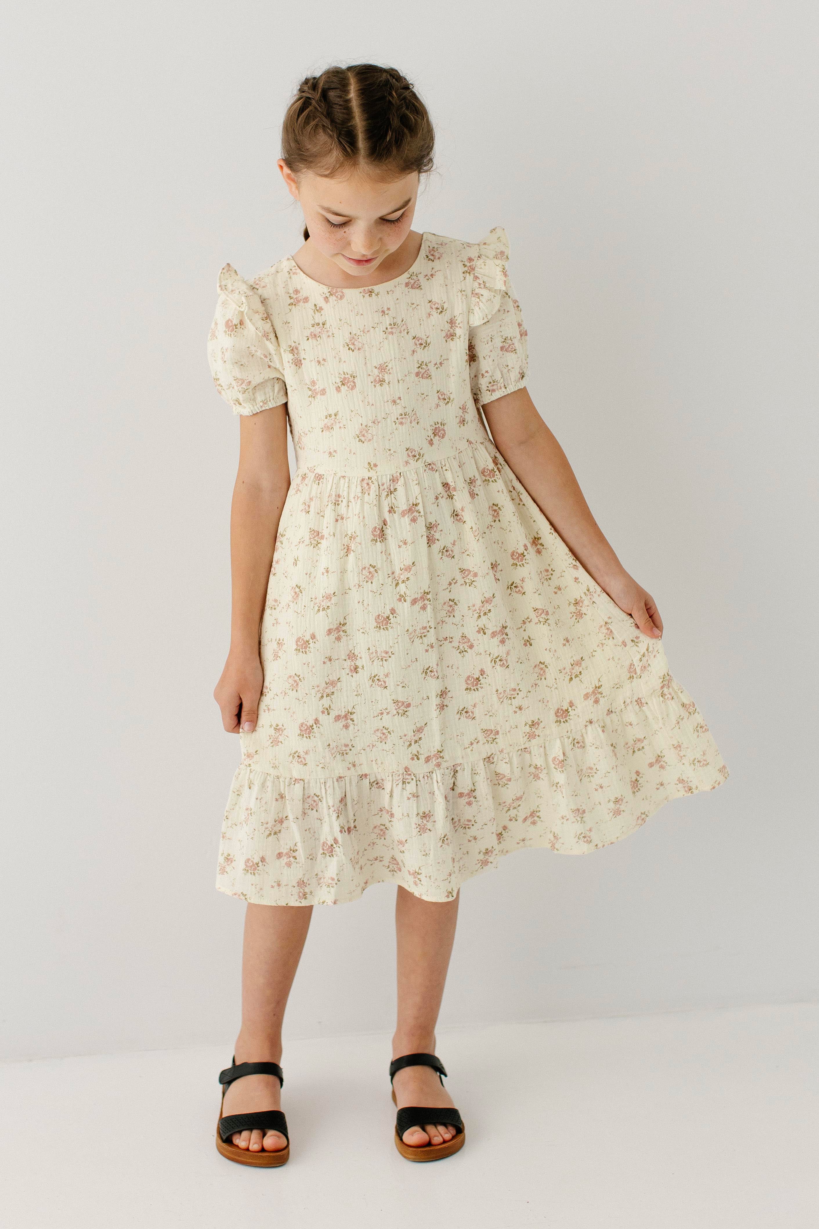 Evelina Girl Cotton Gauze Midi Dress, Vintage Rose Floral / Girl 10