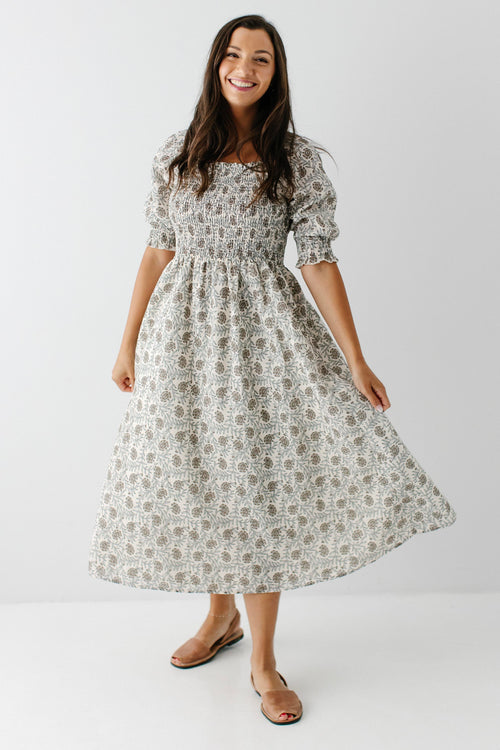 Tallulah Smocked Block Print Midi Dress