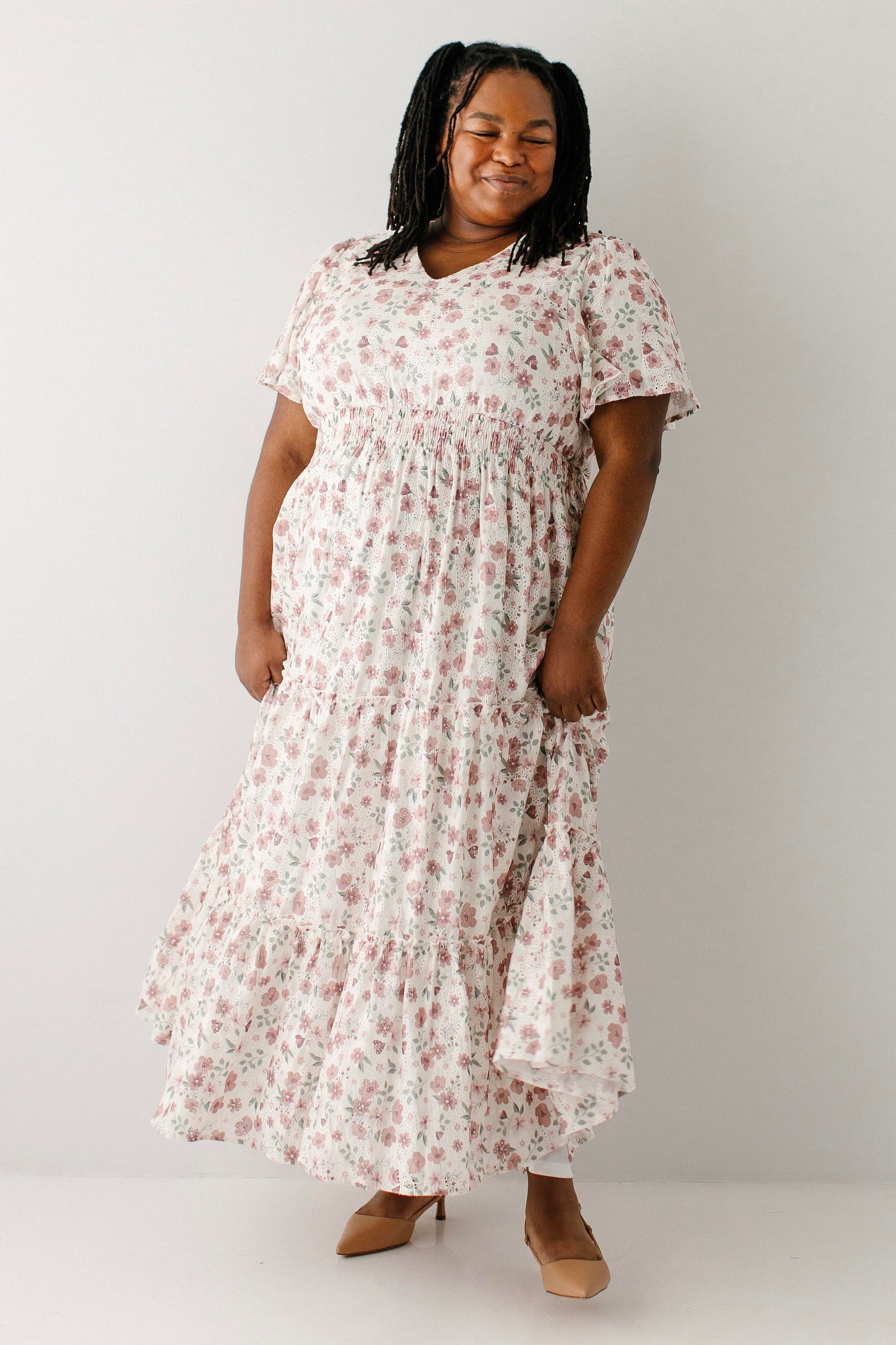 Elizabeth Flower Print Textured Tiered Maxi Dress FINAL SALE White / M