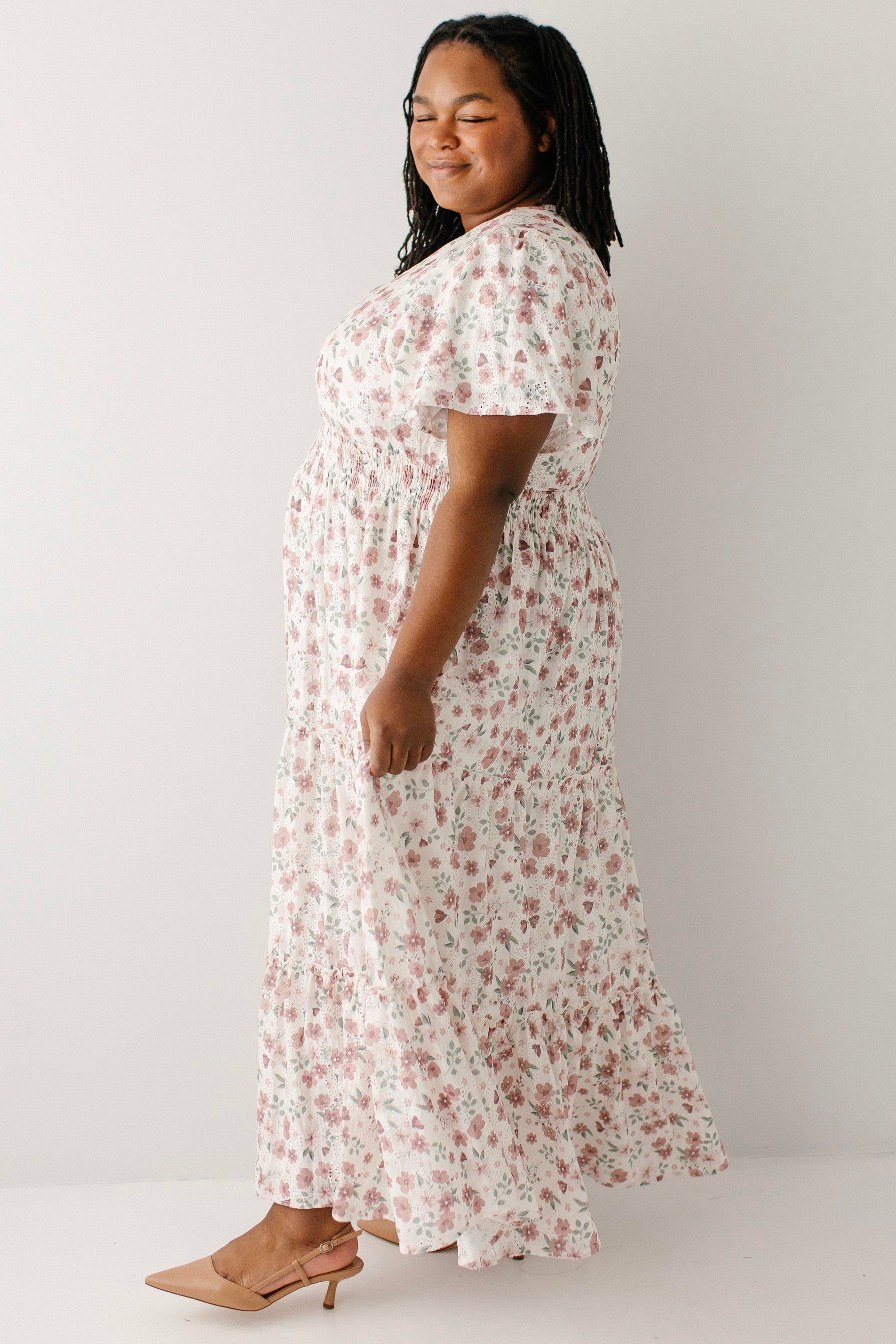 Elizabeth Flower Print Textured Tiered Maxi Dress FINAL SALE White / M