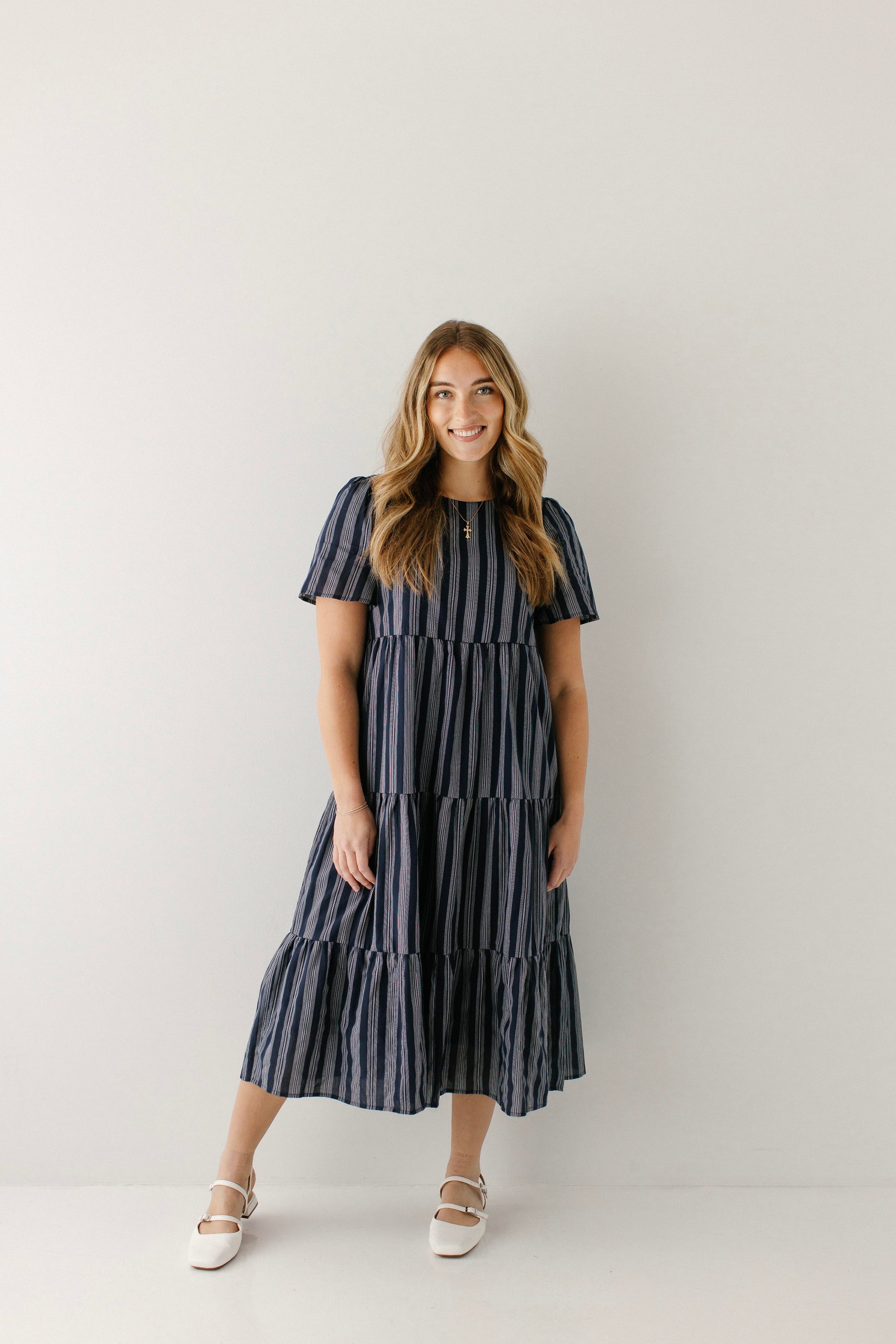 hampton tiered midi dress Melaka Striped Tiered Midi Dress Navy / M