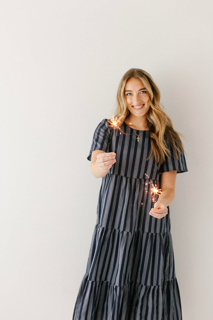 wayf masie tiered midi dress Melaka Striped Tiered Midi Dress Navy / M