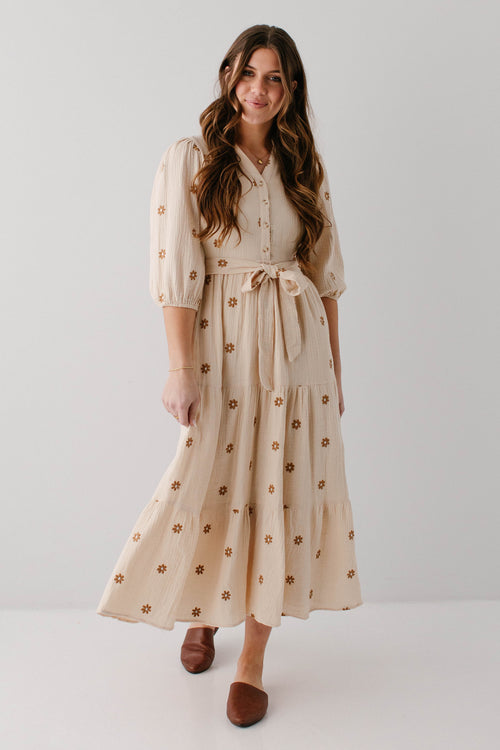 'Etta' Embroidered Floral Gauze Maxi Dress