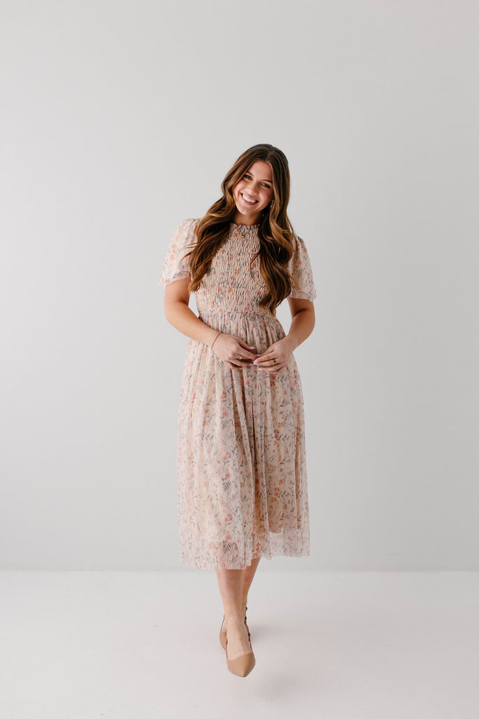 Serena' Smocked Bodice Floral Mesh Midi Dress  The Main Street Exchange