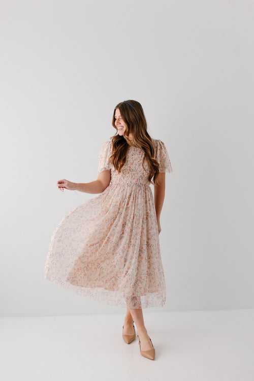 'Serena' Smocked Bodice Floral Mesh Midi Dress