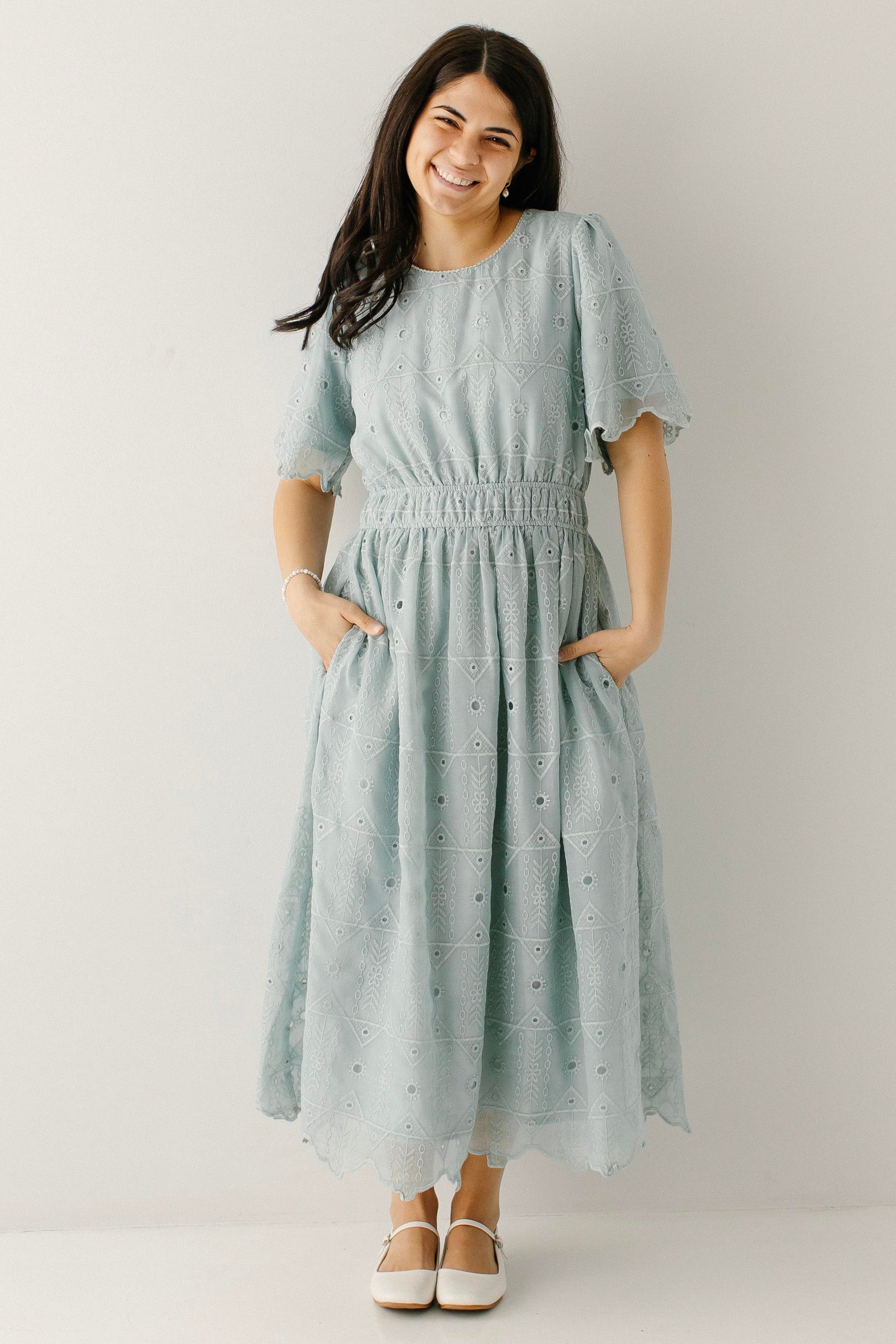 Pacifica Scallop Hem Eyelet Midi Dress  The Main Street Exchange