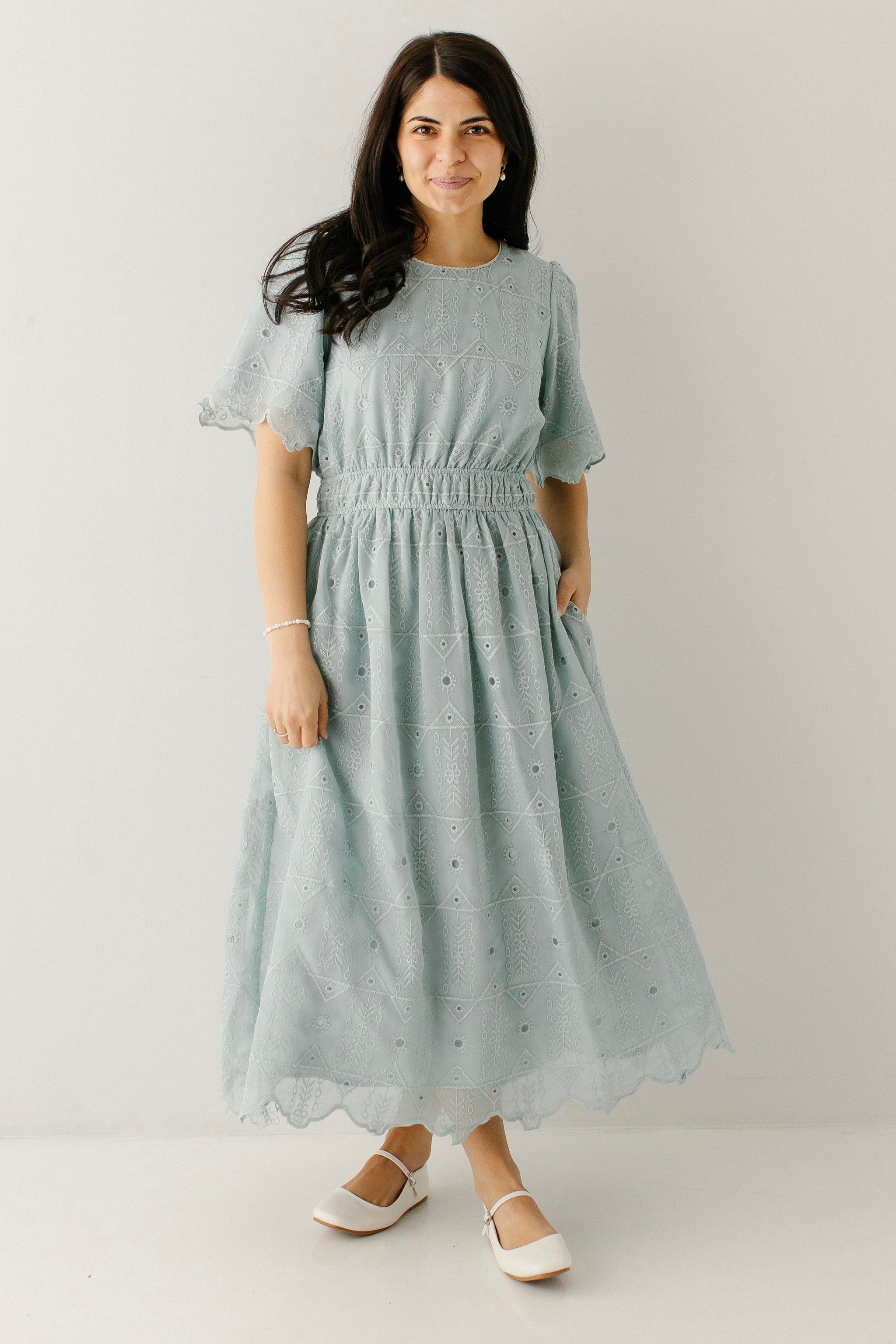 hadleigh scallop trim midi dress Pacifica Scallop Hem Eyelet Midi Dress – The Main Street Exchange