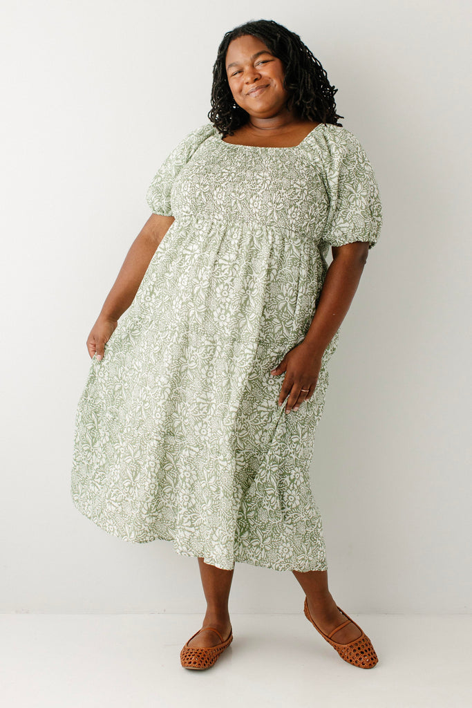 dana floral smocked bodice stretch cotton midi dress WAYF Women's Dana Smocked Midi Dress, Ivory Blossom, L at Amazon Women's Clothing store