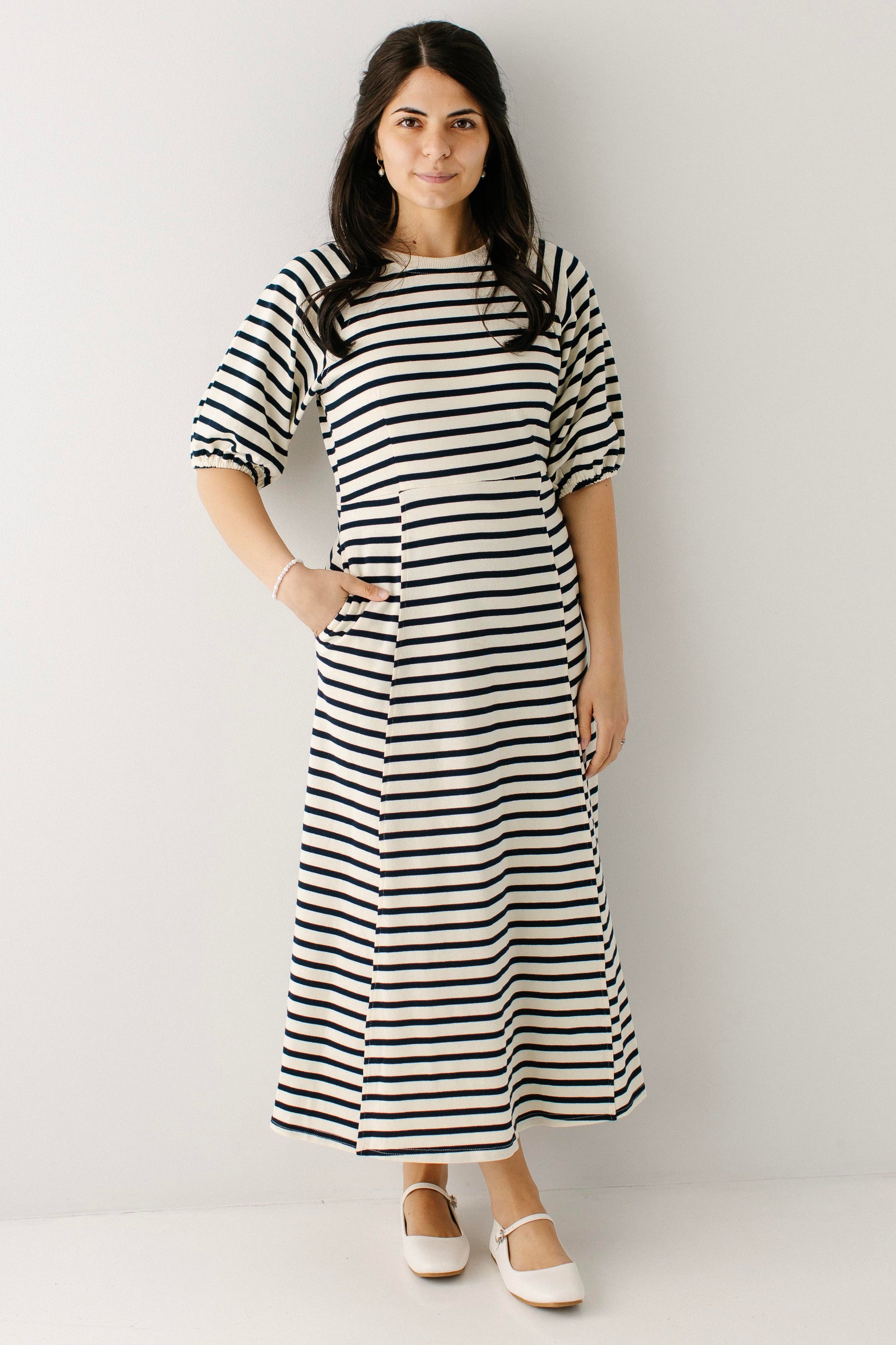 plus size striped midi dress Brunswick Striped Fit & Flare Midi Dress Ivory / XL