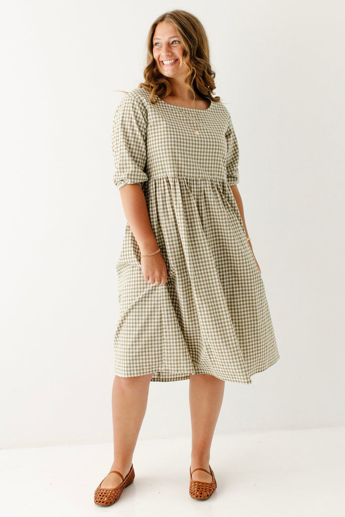 Beth Square Neck Gingham Midi Dress Olive / XL