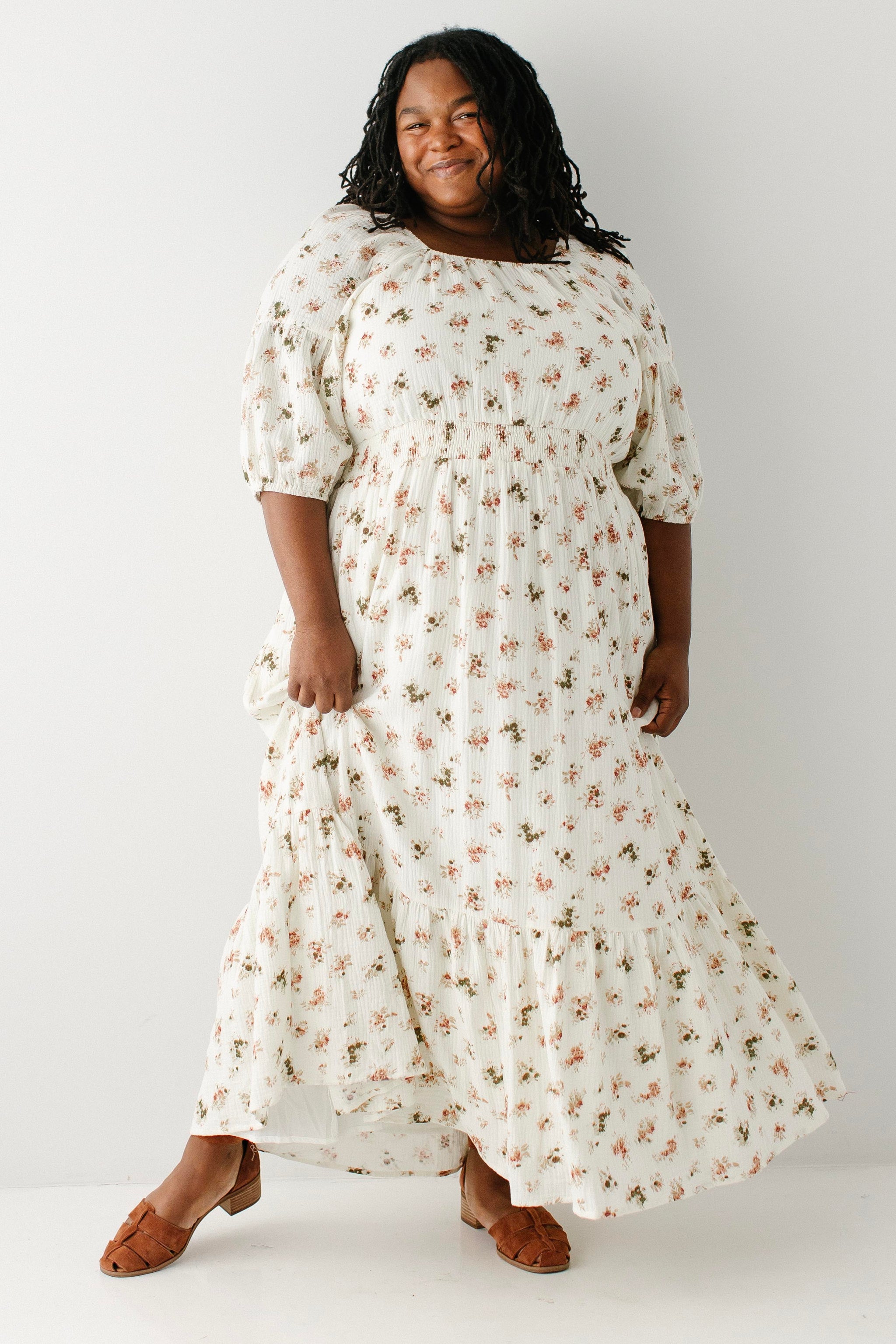 women's gauze maxi dress Montgomery Square Neck Floral Cream / S Color:Bur/Org/Roy/Nvy Stripes The Princess Project | neckline:Crew Neck making it maternity and