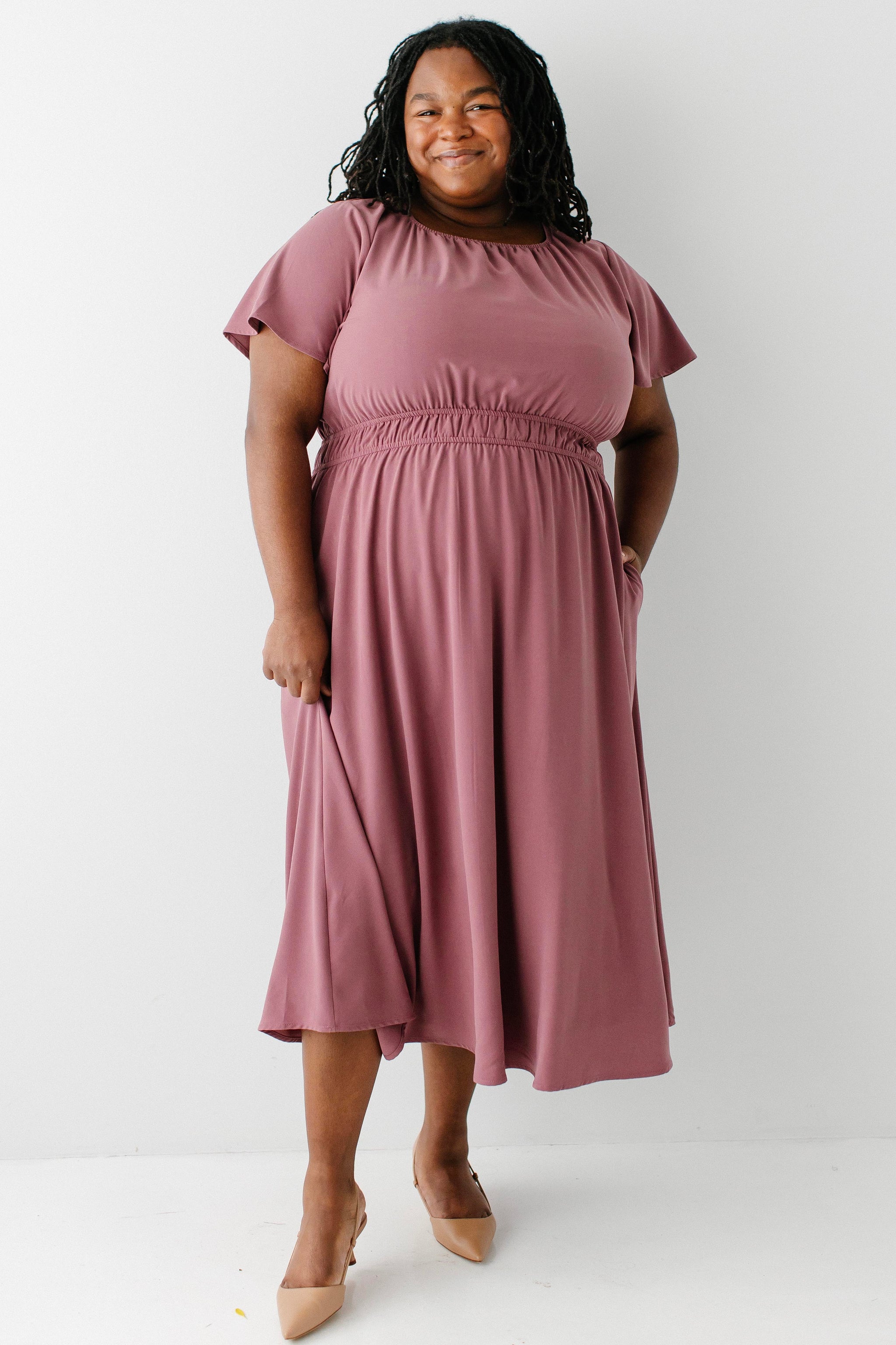chiffon flutter sleeve midi length dress Cynthia Dusty Rose / XL making you feel both title_Lily Women's Size:12 Mulberry Bridesmaid Dress Spaghetti